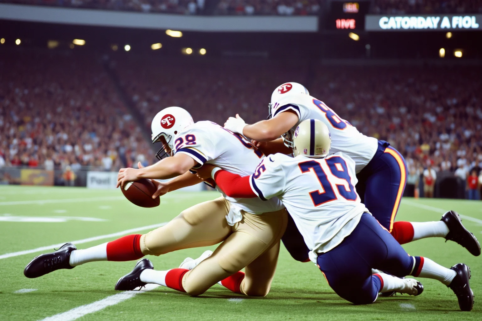 A 1980s American football quarterback being tackled hard by two defenders on a stadium field under bright lights, dramatic action shot, no visible injury detail, safe for work
