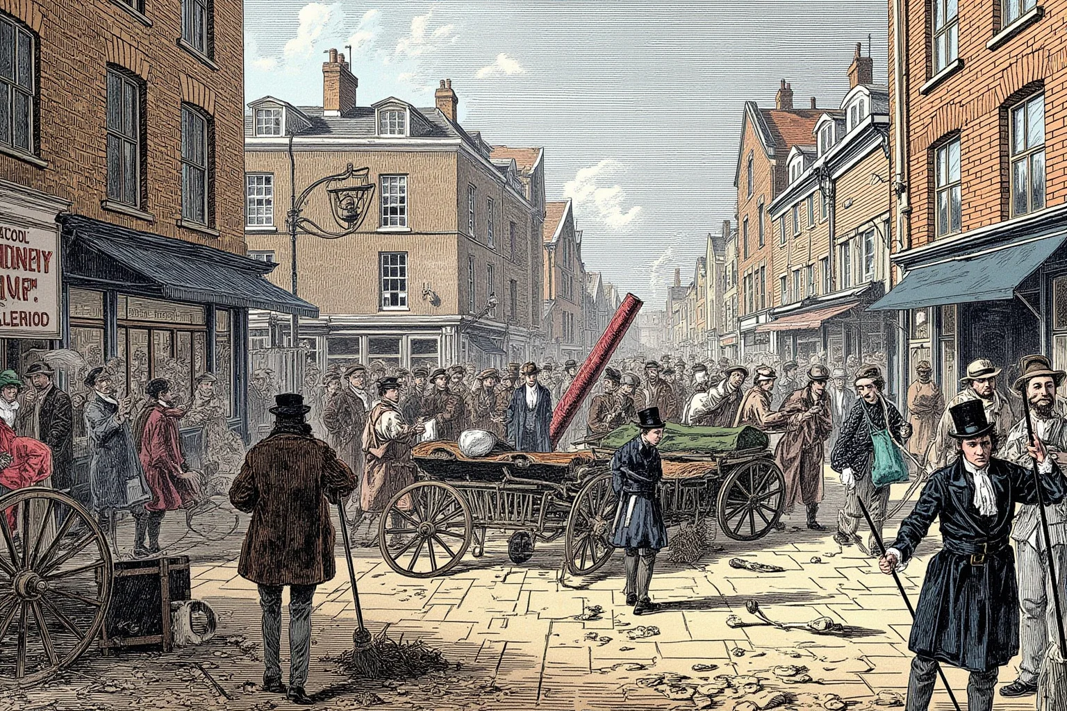 22 Lesser-Known Historical Events That No One Talks About 16 Chaotic 19th-century London street packed with carts, chimney sweeps, and confused tradespeople, illustrated style