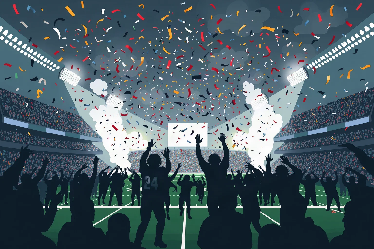 Chaotic college football stadium celebration with confetti falling, illustrative silhouette style