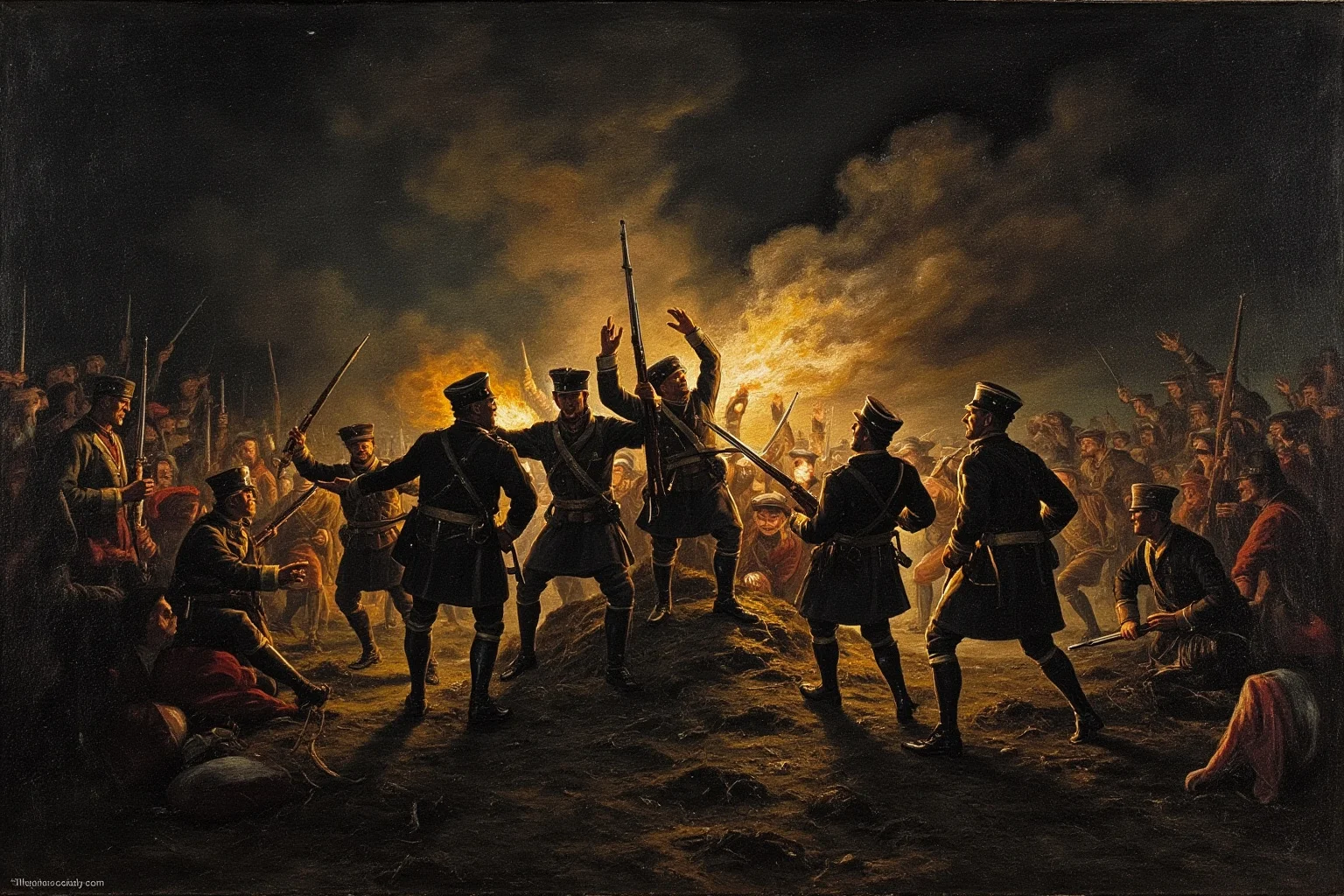 22 Lesser-Known Historical Events That No One Talks About 12 Chaotic nighttime 18th-century military camp scene with soldiers in confusion, torchlight, illustrated style
