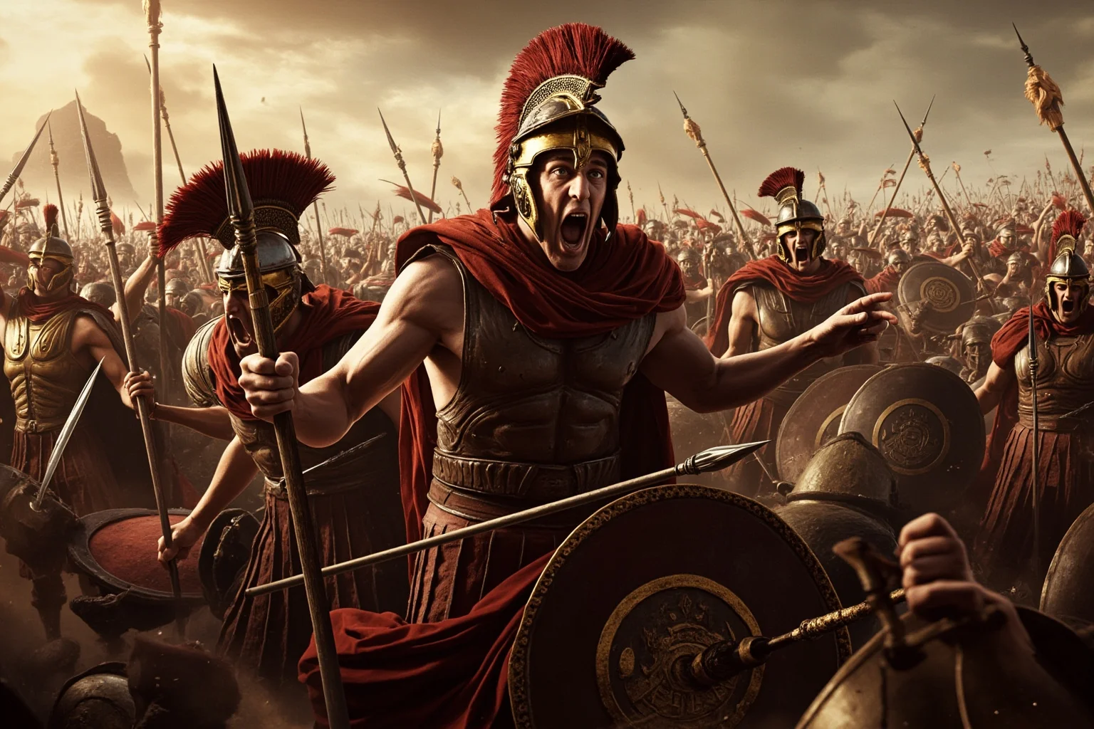 Chaotic scene of Greek warriors in battle during the Trojan War, with armor and spears