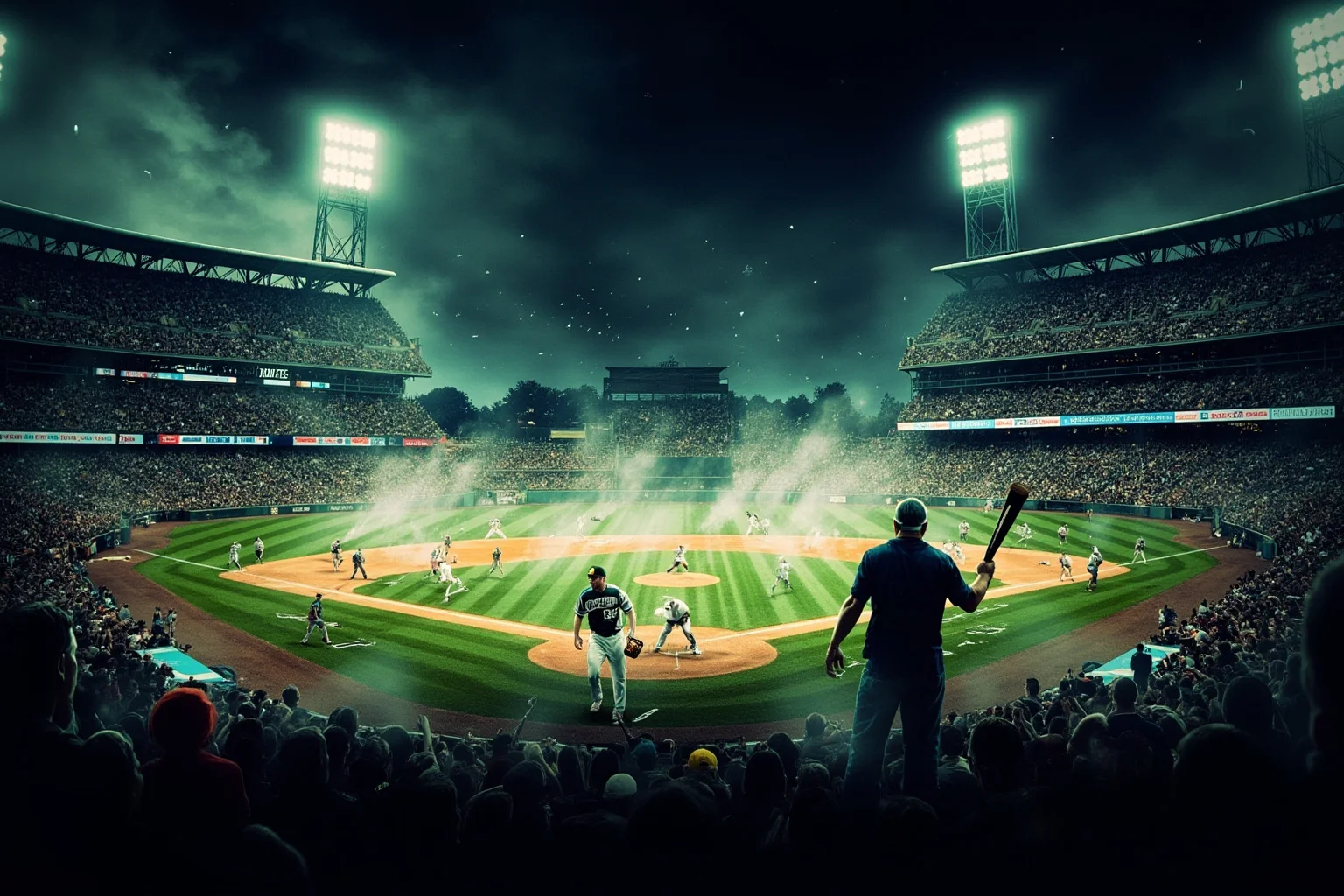 Biggest Brawls In Baseball History 8 Chaotic stadium scene with fans spilling onto a baseball field at night under stadium lights as players hold bats defensively