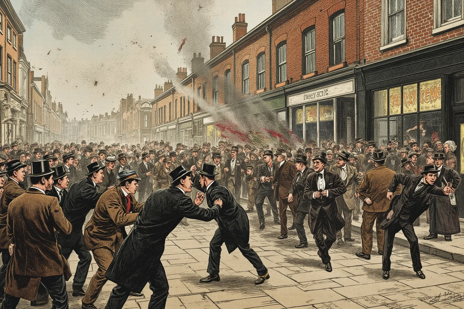 How an All-Female Gang Changed the Face of Crime in 19th Century London 15 Chaotic street scene illustration with a small crowd in confrontation on a South London street, 1920s style