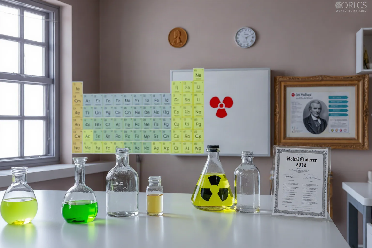 Chemistry laboratory with periodic table elements highlighted, radioactive materials in secured containers, and Nobel Prize certificates