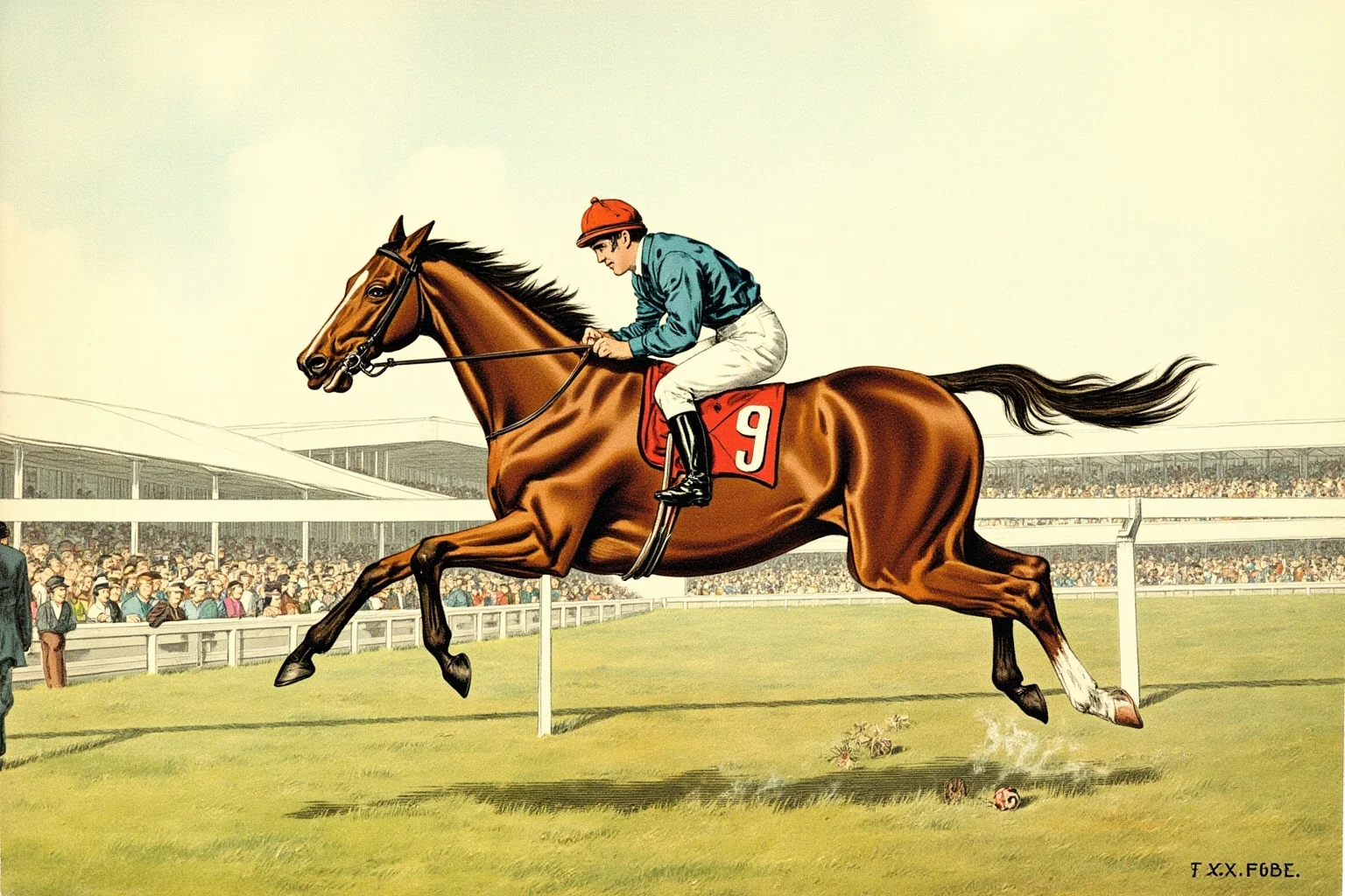 Famous Horses in History: 22 of the Most Legendary Names 11 Chestnut racehorse with jockey in silks crossing finish line by an enormous margin, early 1900s sports illustration, powerful stride