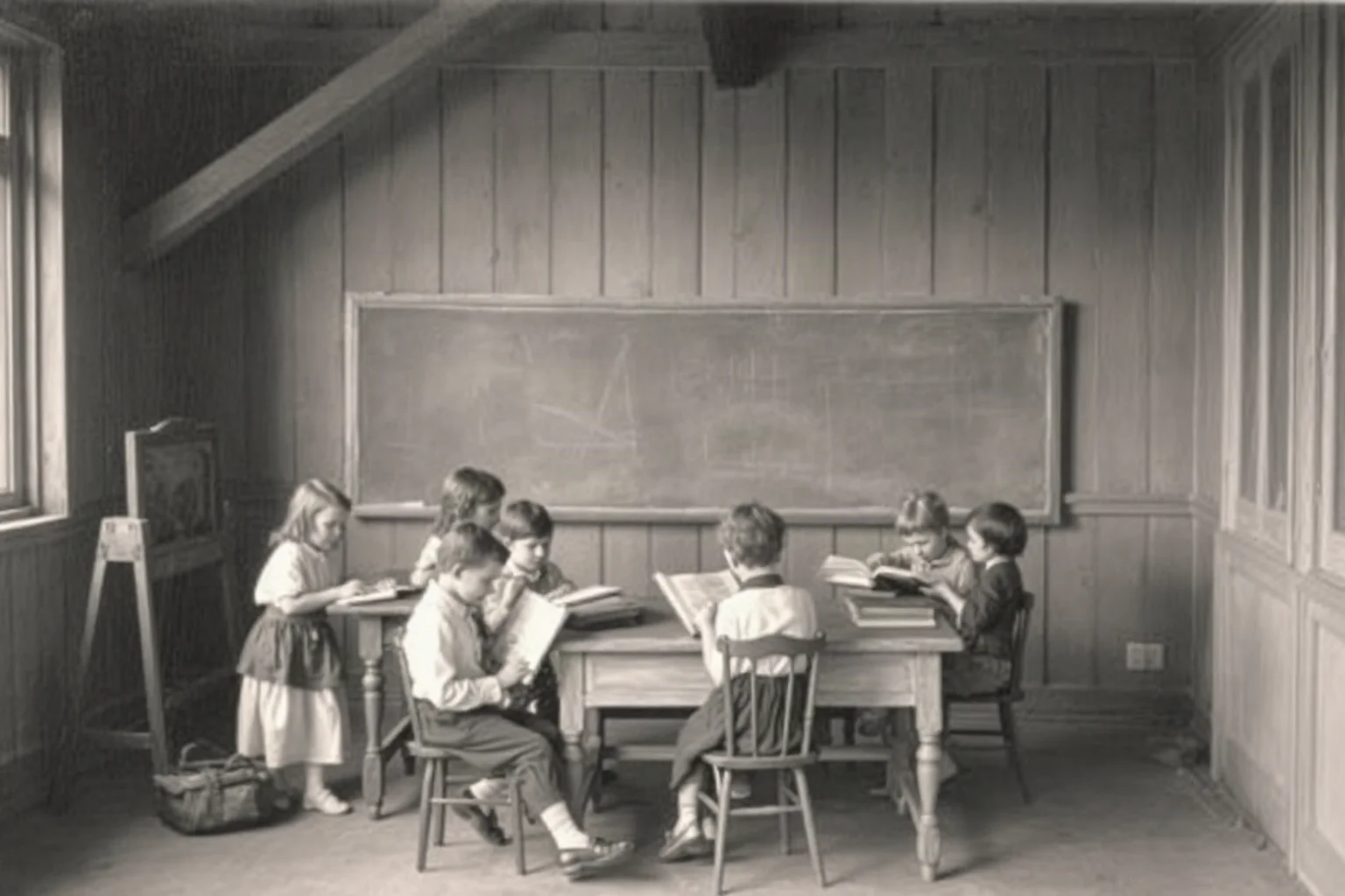Children in a simple 19th-century schoolroom studying with books and a chalkboard