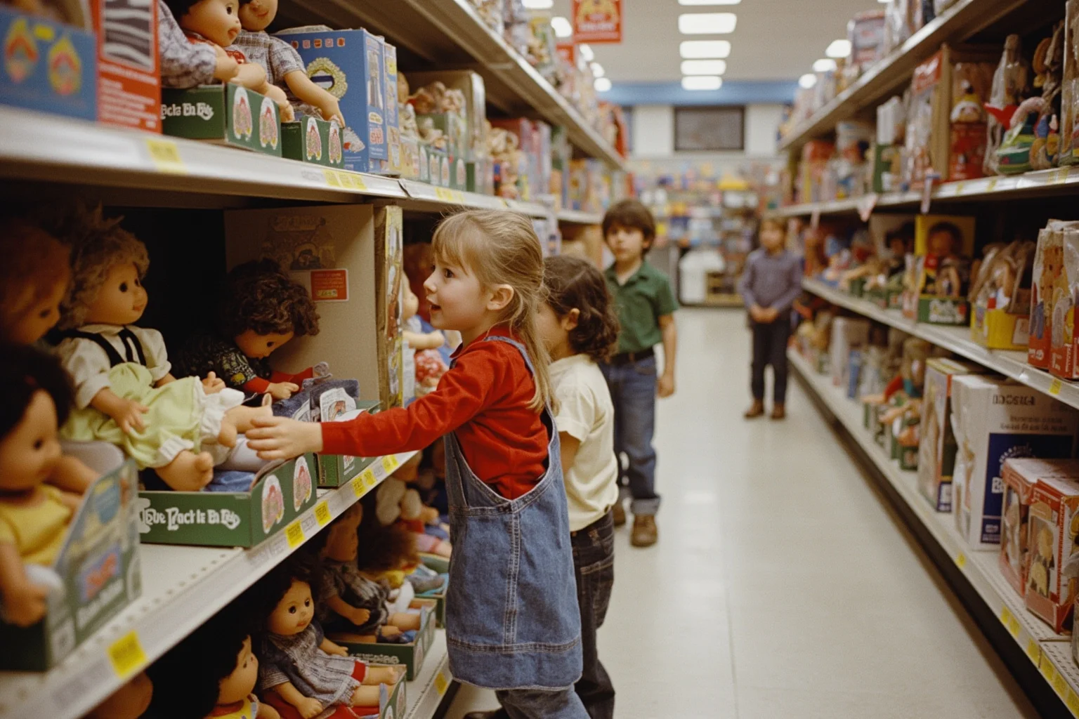 Biggest Fads Throughout American History 26 Children in a toy store aisle reaching for soft-sculpture Cabbage Patch Kids dolls, 1980s setting