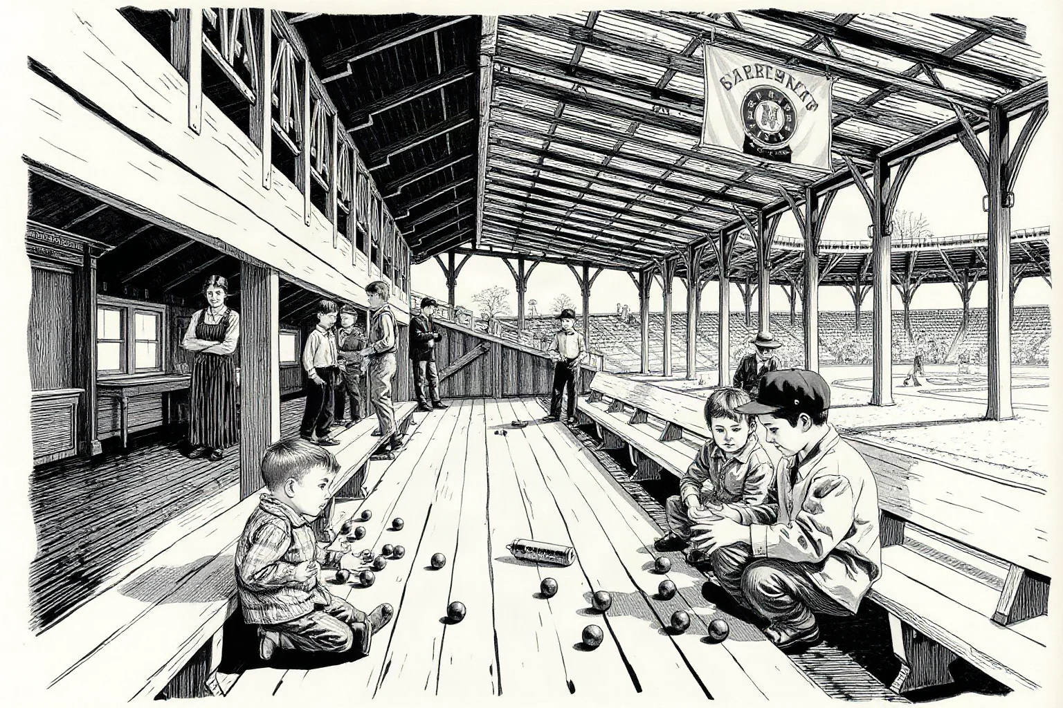 Children playing marbles under wooden grandstand bleachers at an old-time ballpark, sepia illustration
