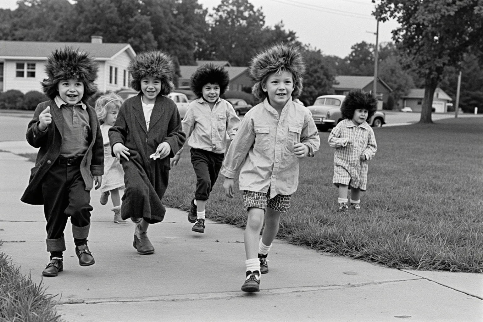 Biggest Fads Throughout American History 16 Children wearing raccoon-tail coonskin caps playing outside in a 1950s suburb