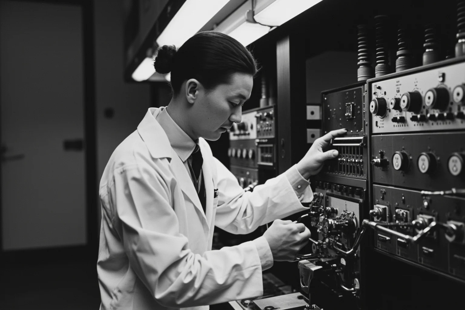 Chinese immigrant scientist in 1940s laboratory coat working with computer equipment and components