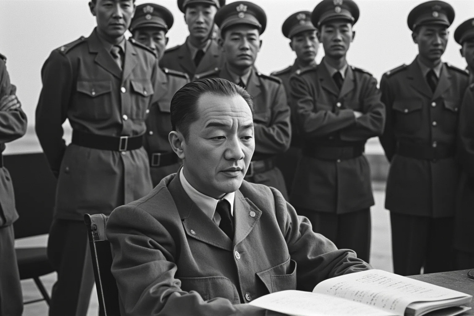 The Most Shameless Traitors of All Time 9 Chinese nationalist politician at desk during Japanese occupation, Japanese military officers in background, 1940s