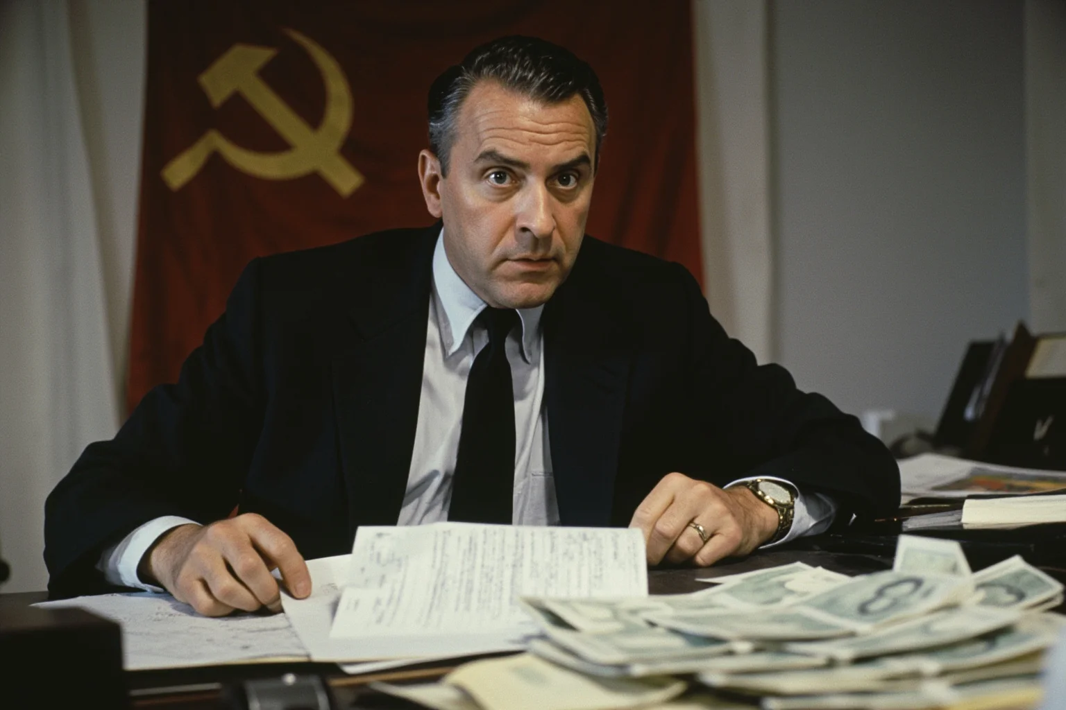 The Most Shameless Traitors of All Time 16 CIA officer at desk in 1980s office setting, money and classified documents, Soviet symbols in background