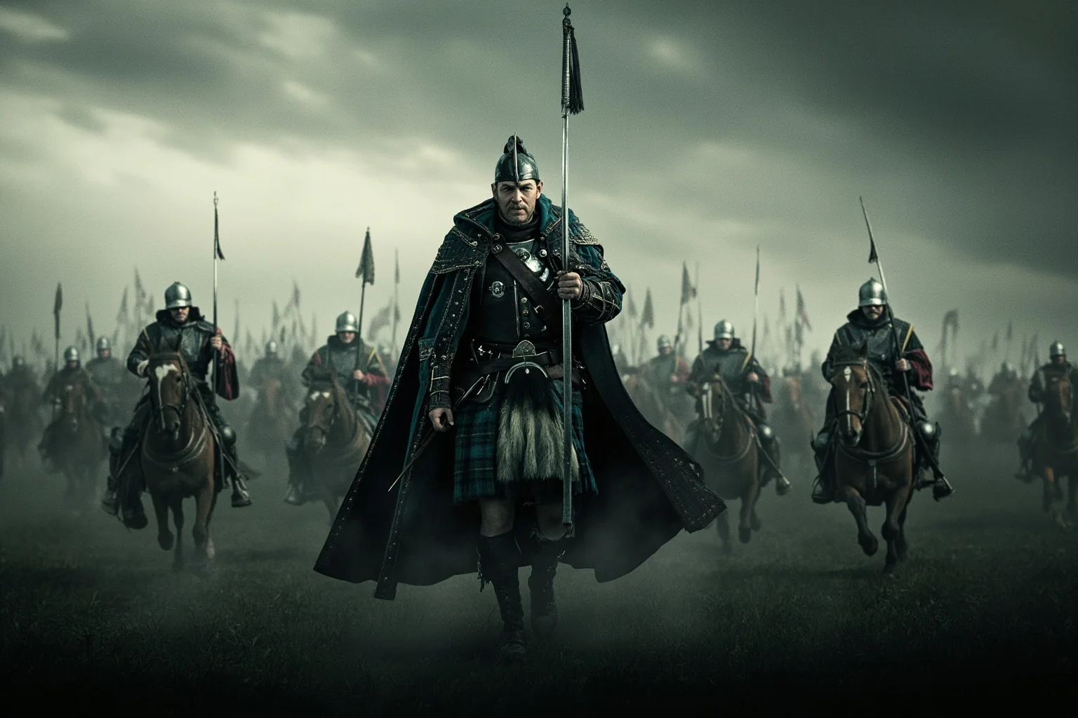 History's Greatest Rebels That Challenged the Status Quo 23 Cinematic stylized illustration of a kilted highland warrior leading charging soldiers across a misty medieval battlefield