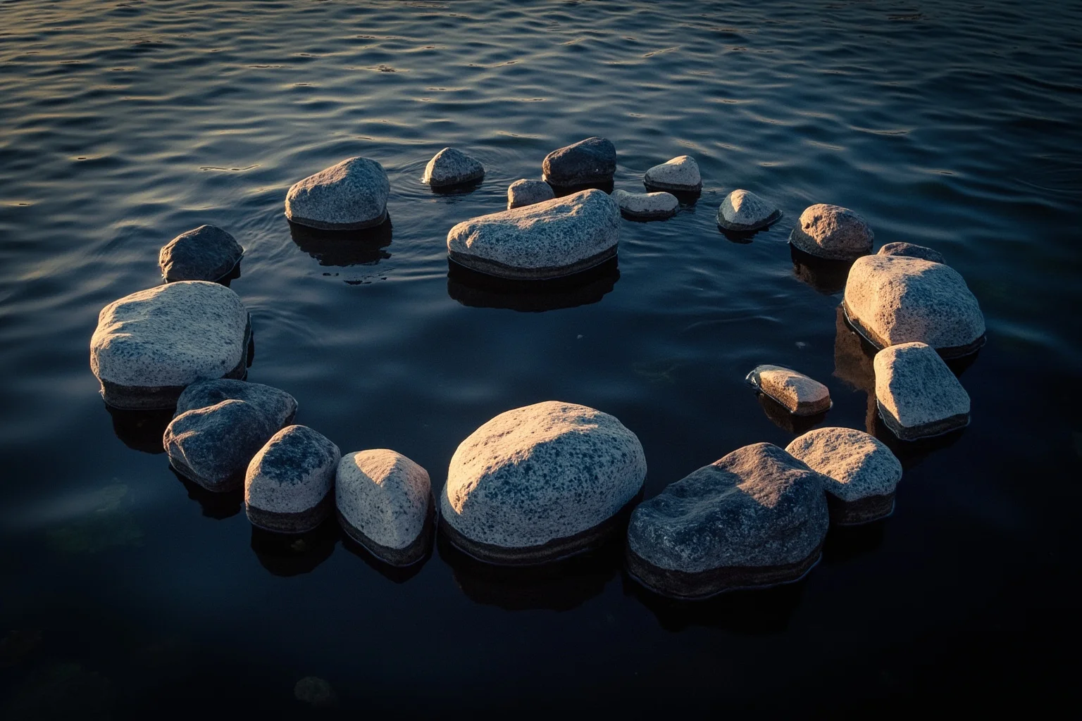 22 Coolest Underwater Discoveries Made Throughout History 21 Circular arrangement of large stones on a lake bottom with dim sunlight filtering through the water