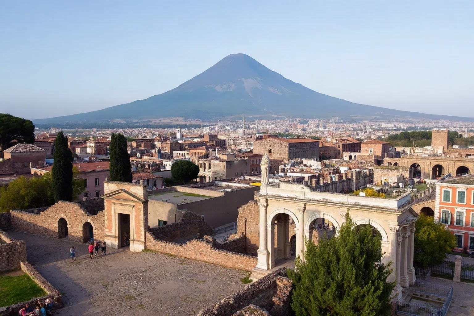 Aerial view of Pompeii ruins with preserved stone buildings and streets, Mount Vesuvius looming in the background under volcanic haze