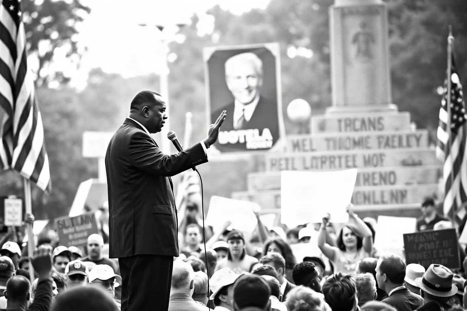 Civil rights era orator addressing massive crowd from a memorial, American flag background