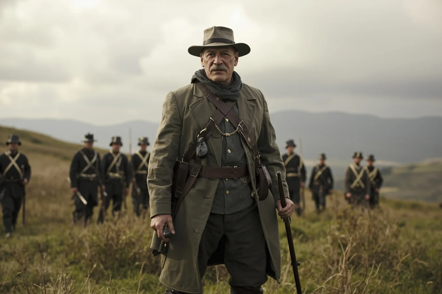 Civil War-era general standing firm on a hilltop as soldiers form a defensive line behind him
