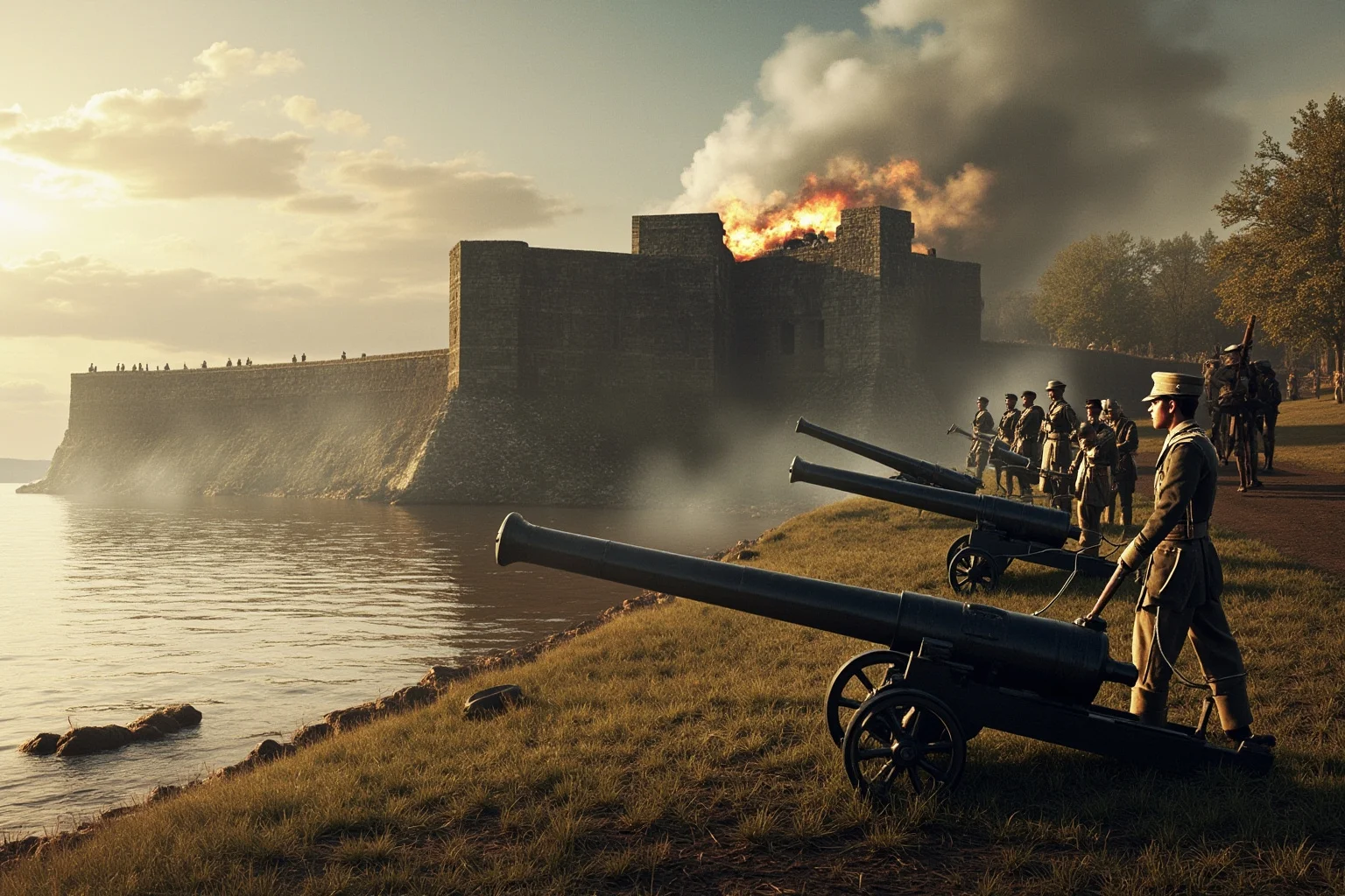 Civil War-era river fortress under siege with cannons and soldiers along a wide muddy river