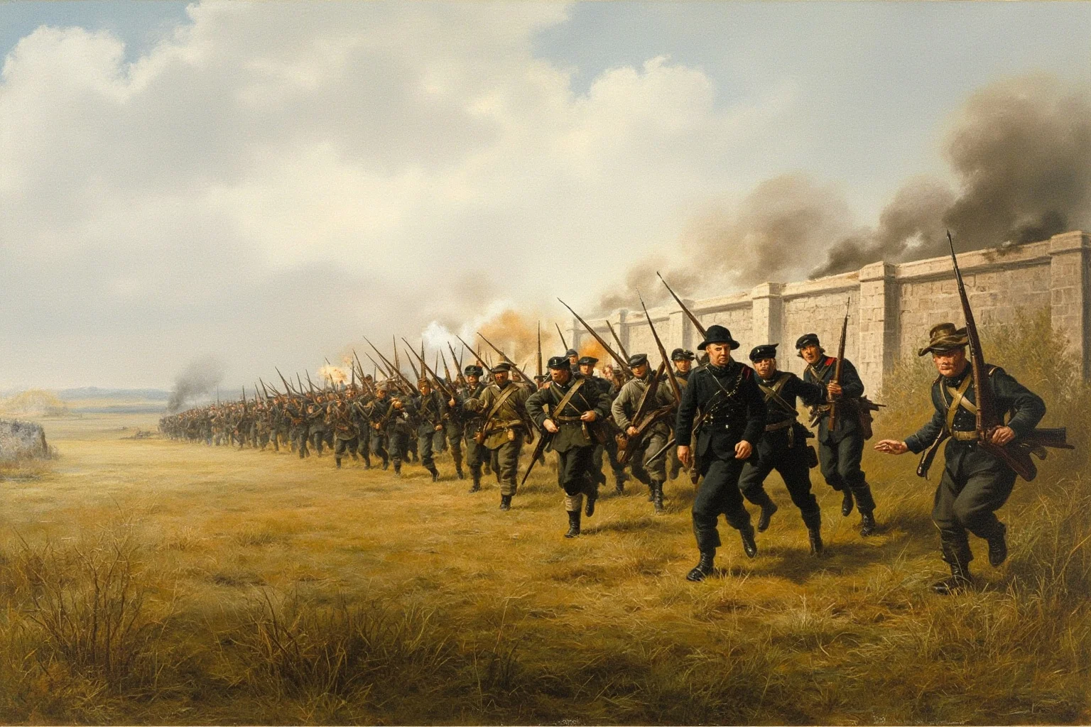 Battles That Defined American History 11 Civil War infantry charging across an open field toward a stone wall under artillery fire, historical painting style