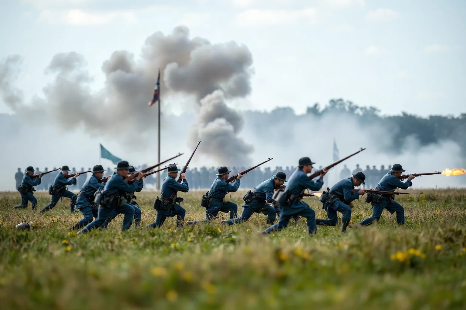Civil War infantry in blue and gray uniforms engaged in brutal close-range combat across open fields, smoke from artillery fire