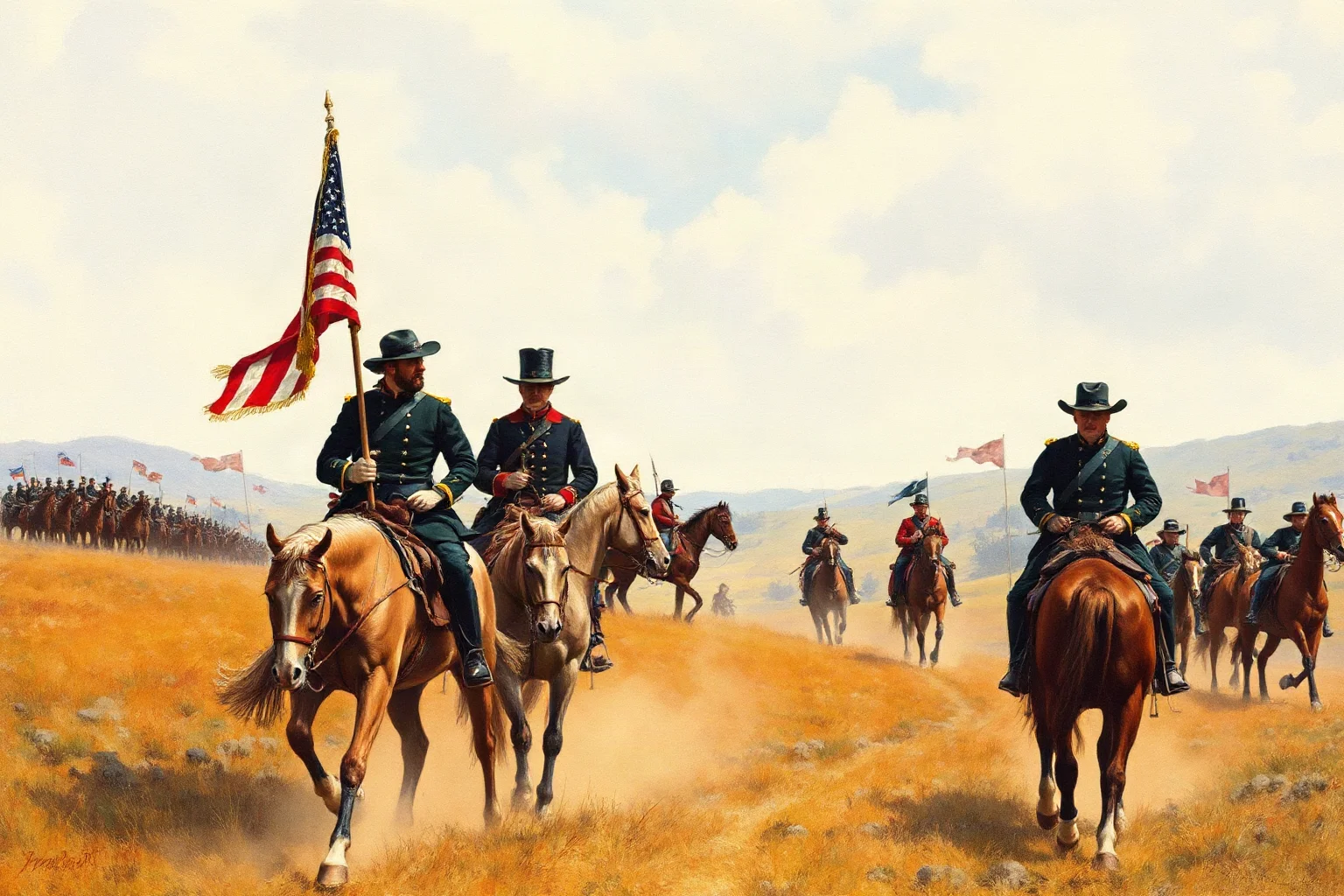 Civil War officers on horseback during the Battle of Gettysburg, with soldiers and battlefield terrain visible