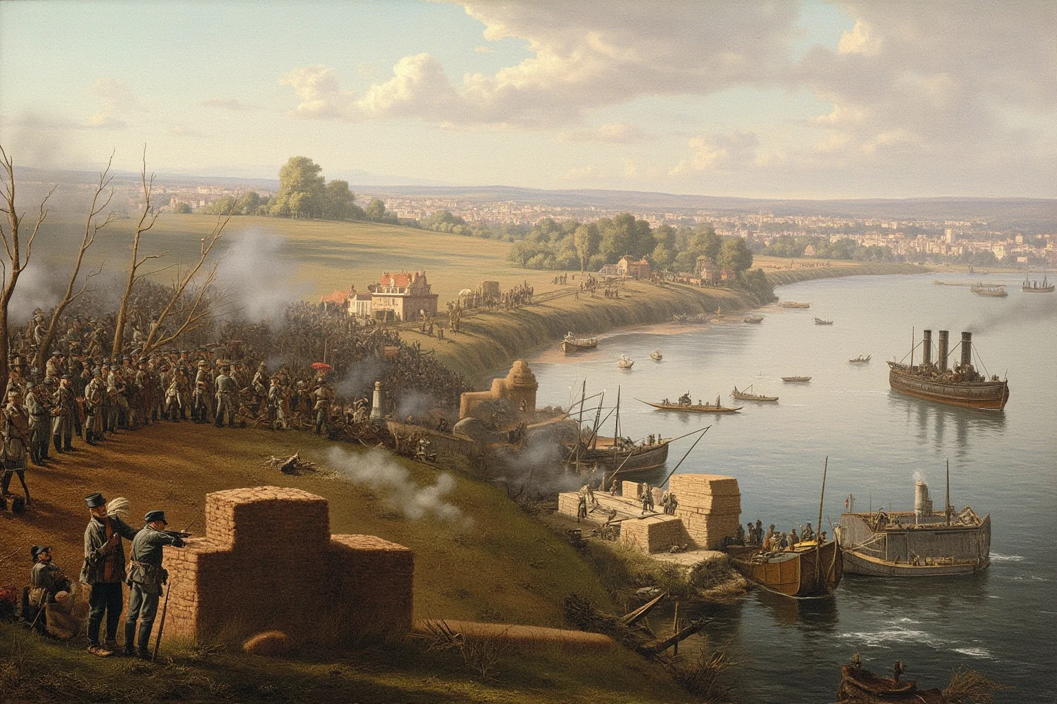 Battles That Defined American History 12 Civil War soldiers besieging a river town with earthen fortifications and gunboats on the river