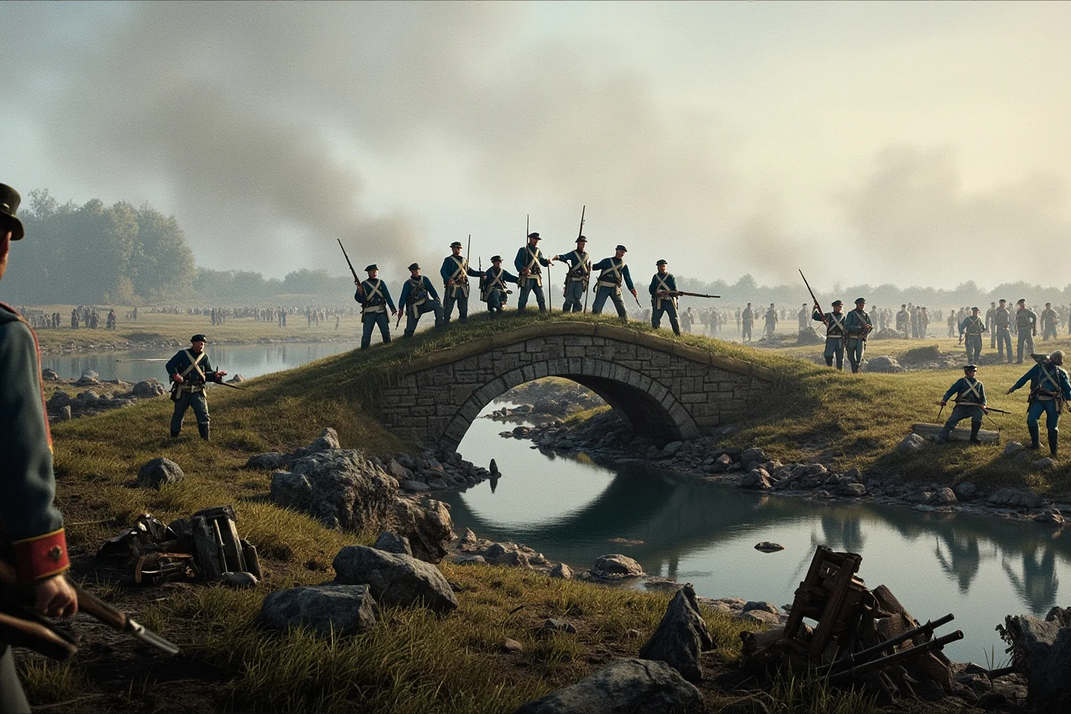 Battles That Defined American History 10 Civil War soldiers in blue and gray uniforms clashing near a small stone bridge over a creek, smoke-filled battlefield