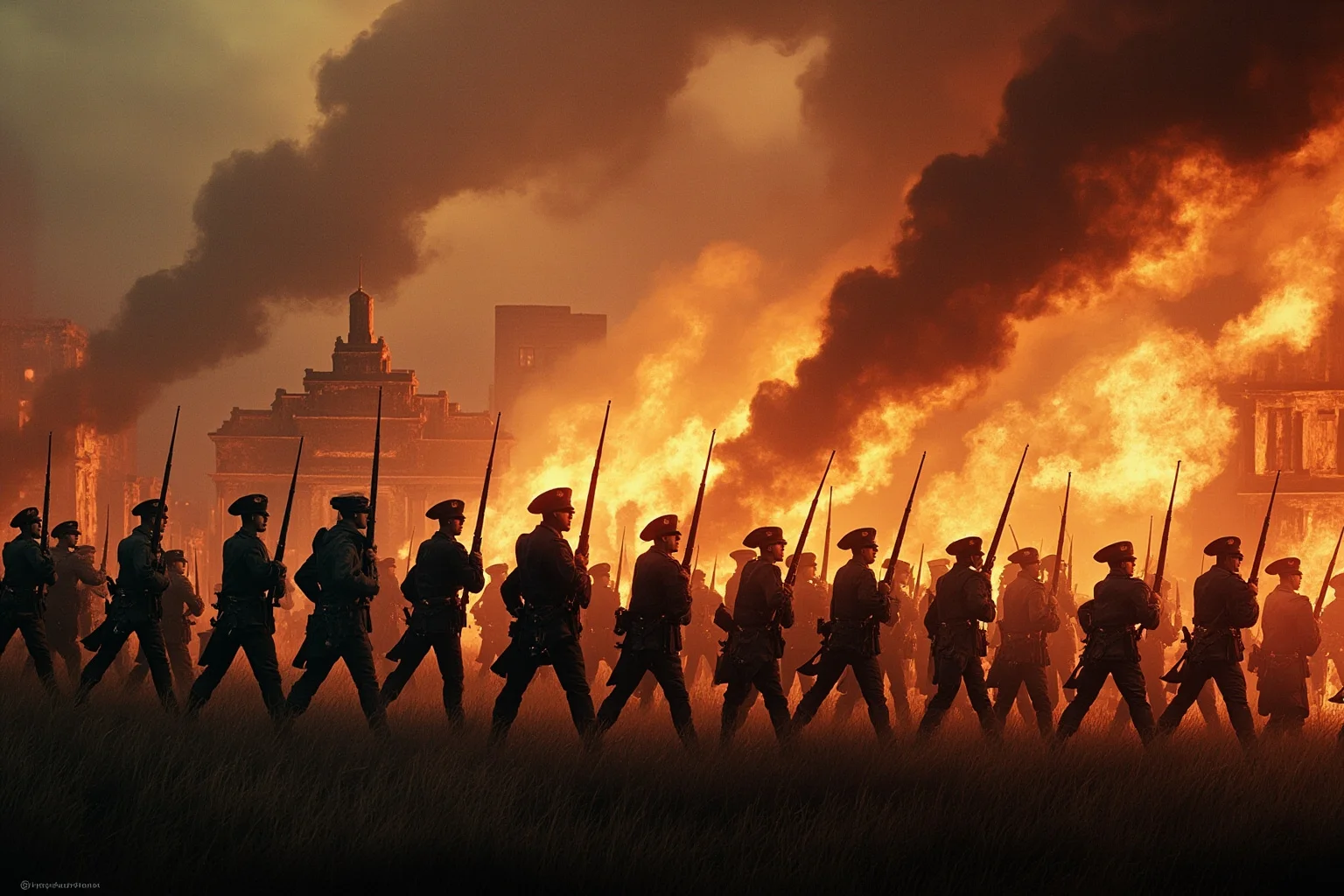 Battles That Defined American History 13 Civil War soldiers marching into a burning southern city with columns of smoke rising