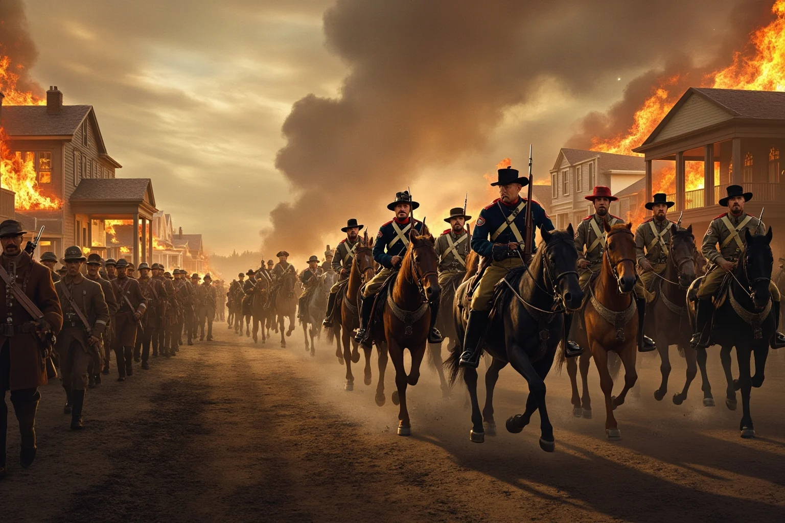 Civil War soldiers marching into a burning Southern city with smoke rising over rooftops