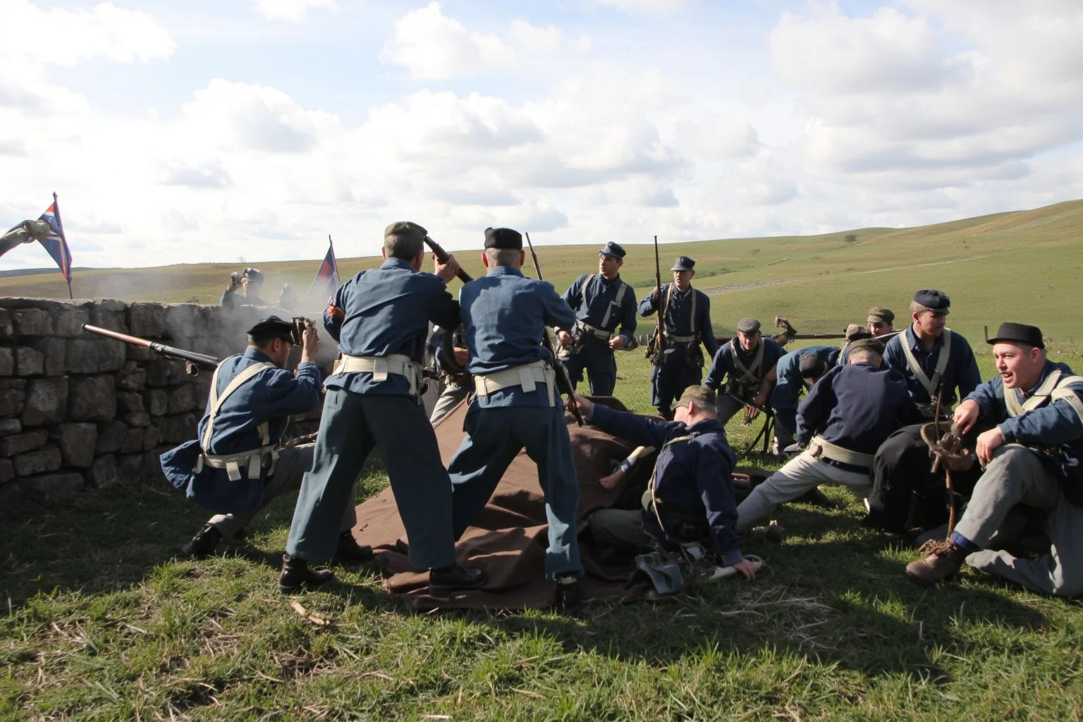 Civil War Union and Confederate soldiers in blue and gray uniforms clashing near a stone wall and rolling hills