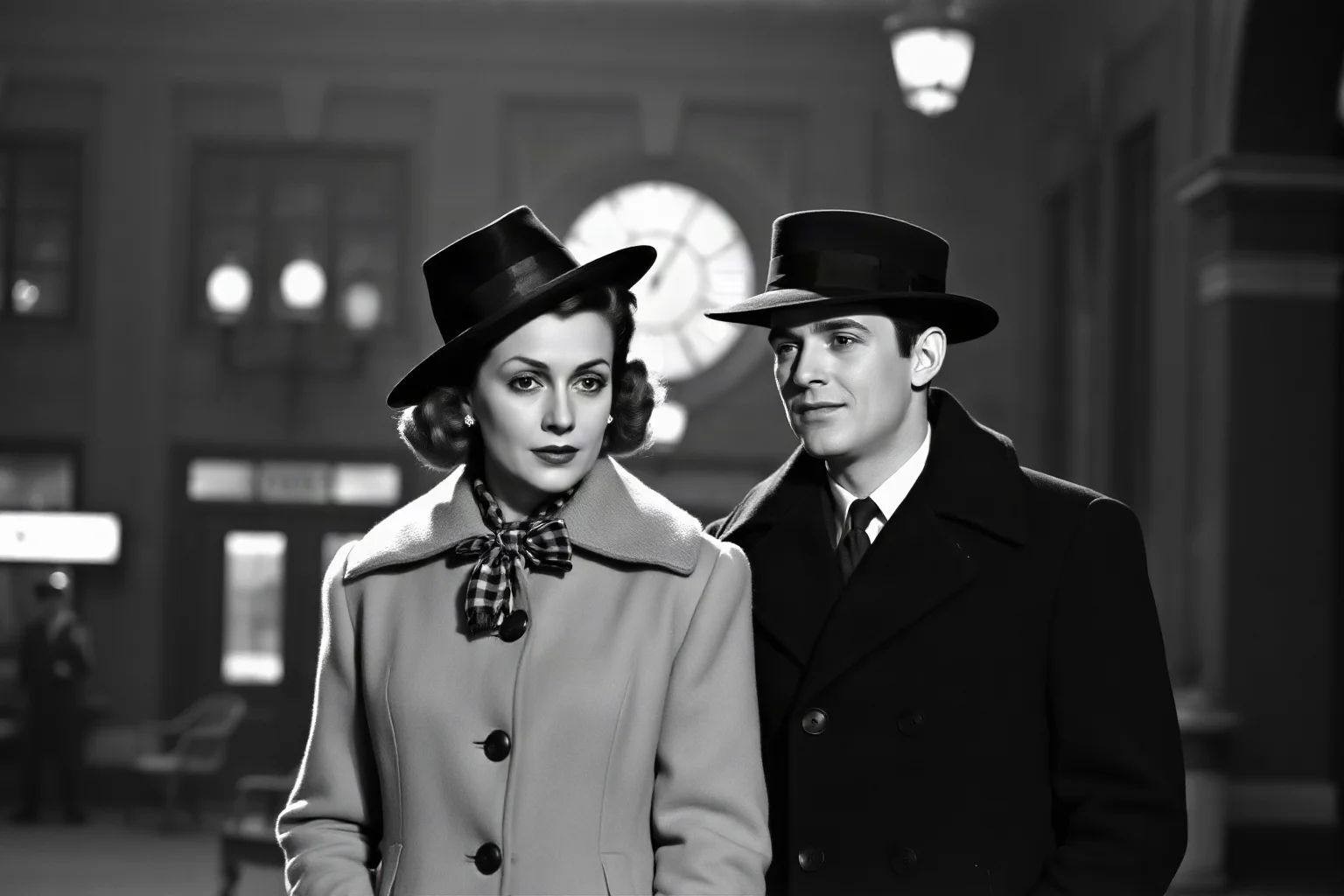 Classic 1940s Hollywood couple in black-and-white film noir style, elegant coats and hats