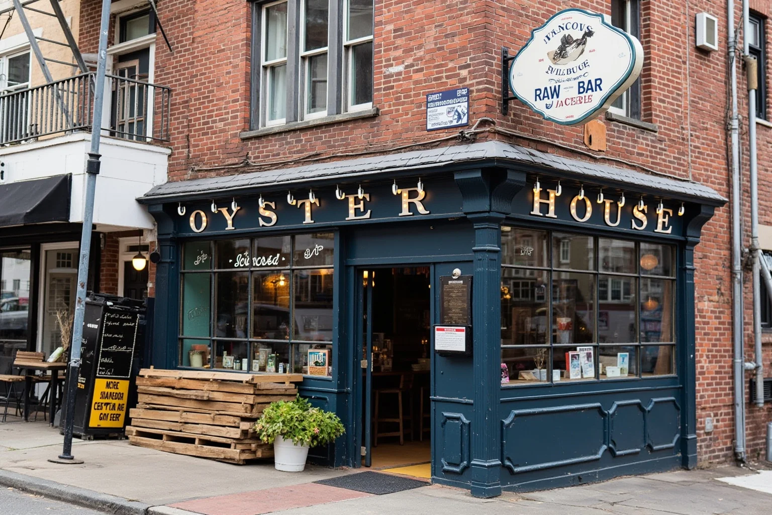Classic Boston oyster house exterior with an old-fashioned raw bar sign, brick building, nautical charm
