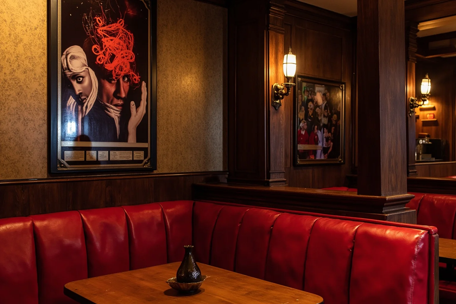 Classic Hollywood grill interior with red leather booths, dark wood paneling, and vintage 1920s decor