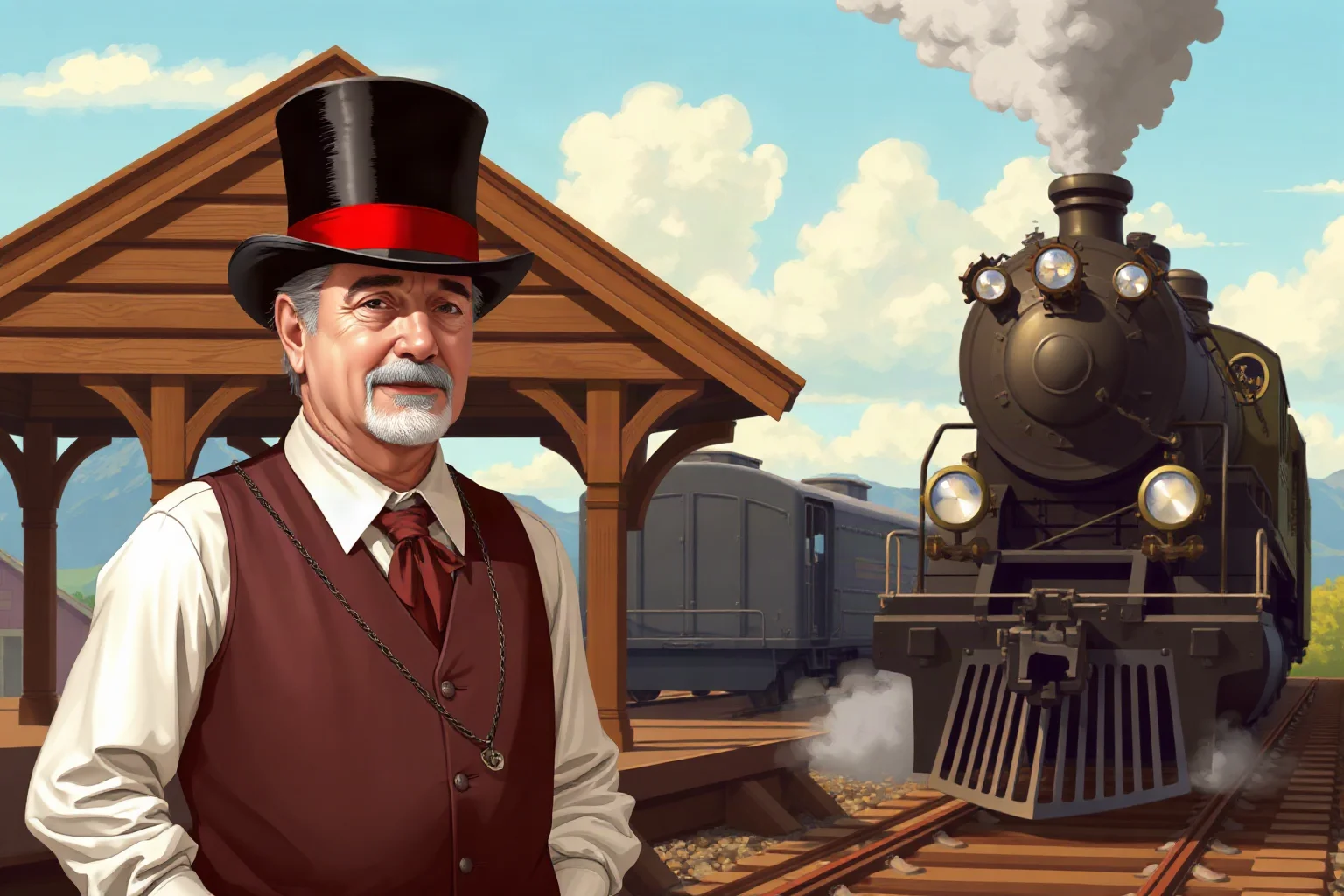 Classic illustration of a railroad tycoon in a top hat standing beside a steam locomotive at a train station