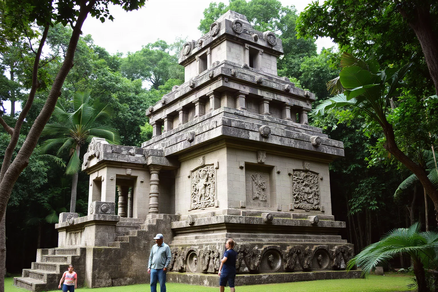 Classic Maya stone temple with carved glyphs and jungle surroundings