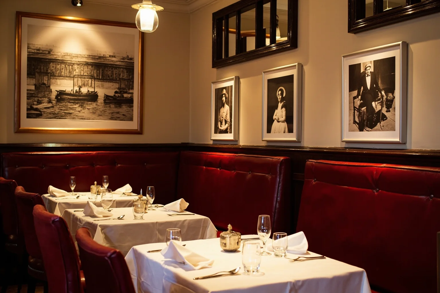 Classic New York steakhouse dining room with red leather booths and vintage photographs on the walls