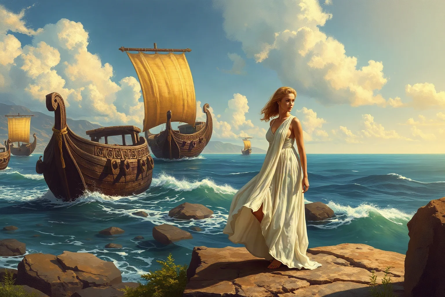 Classical Greek-style painting of a mythical beautiful woman in flowing white robes standing before ancient ships on a shoreline