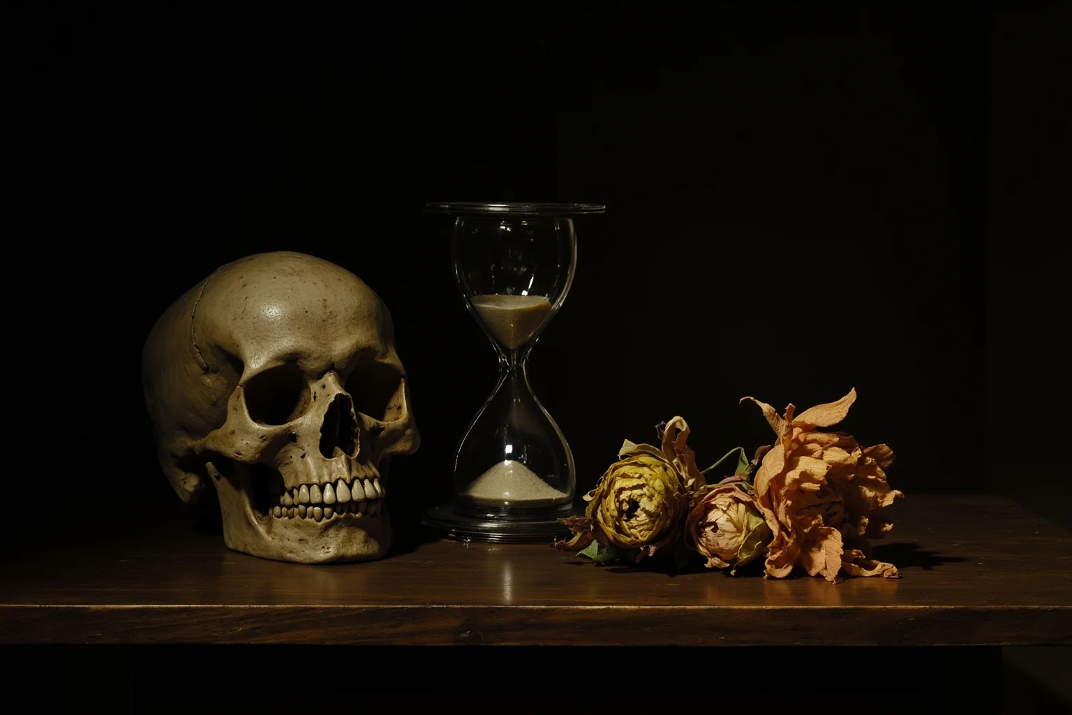 Classical still-life painting featuring a skull, hourglass, and wilting flowers on a wooden table, chiaroscuro lighting