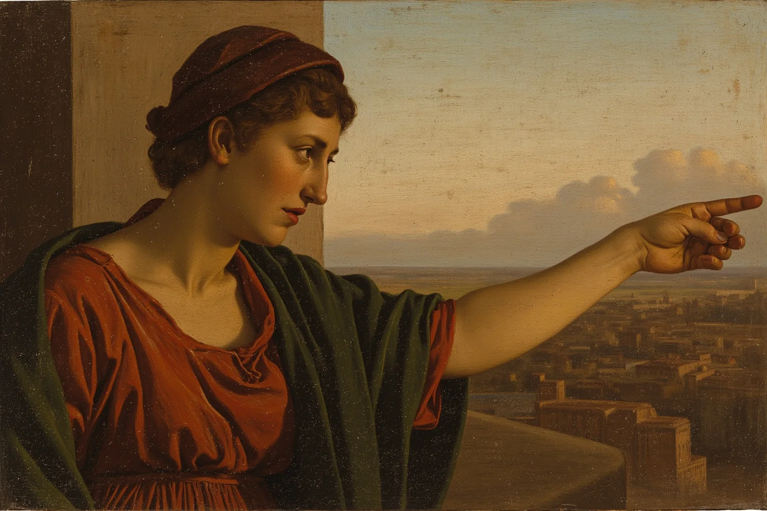 Classical-style painting fragment of a robed woman with a distressed expression pointing toward a distant city