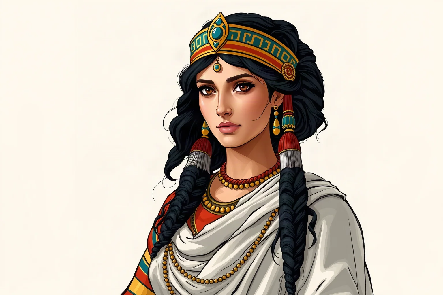 Illustrated portrait of a Macedonian Greek Ptolemaic queen in traditional Egyptian-Greek royal dress, artistic historical style, not photorealistic