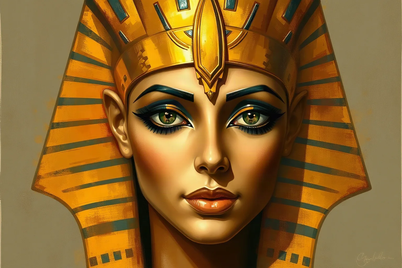 Painterly illustration of an ancient Egyptian queen with an ornate gold headdress and painted eyes, inspired by classical Egyptian art style