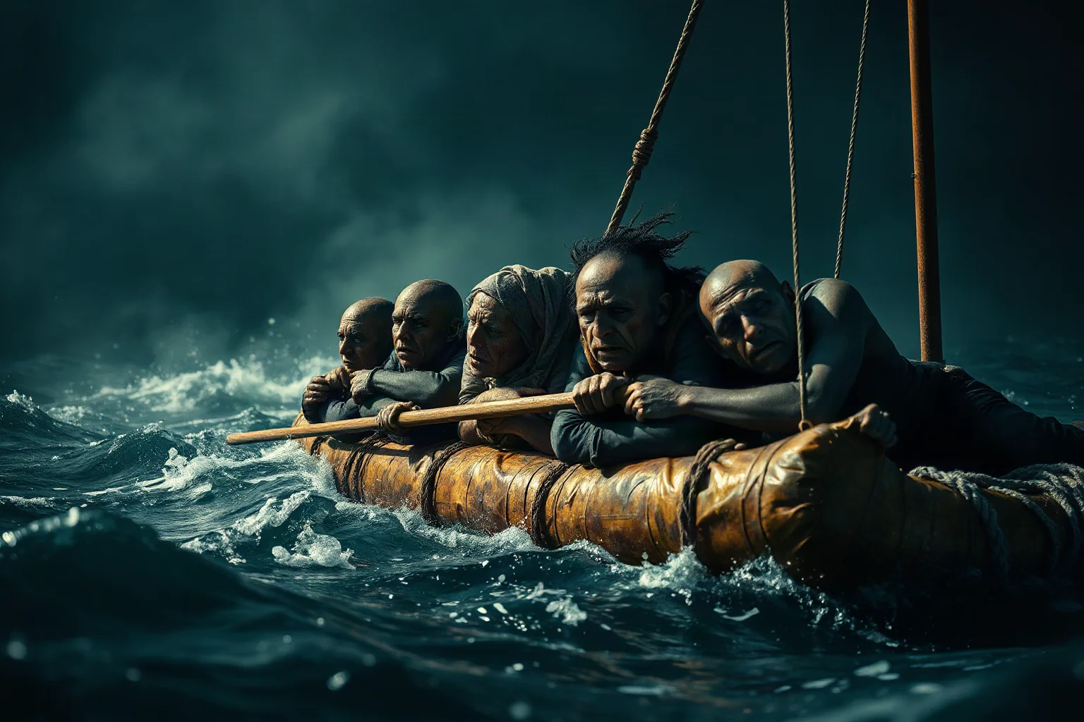 Close-up artistic rendering of exhausted, desperate castaways huddled together on a makeshift raft at sea, dramatic chiaroscuro lighting