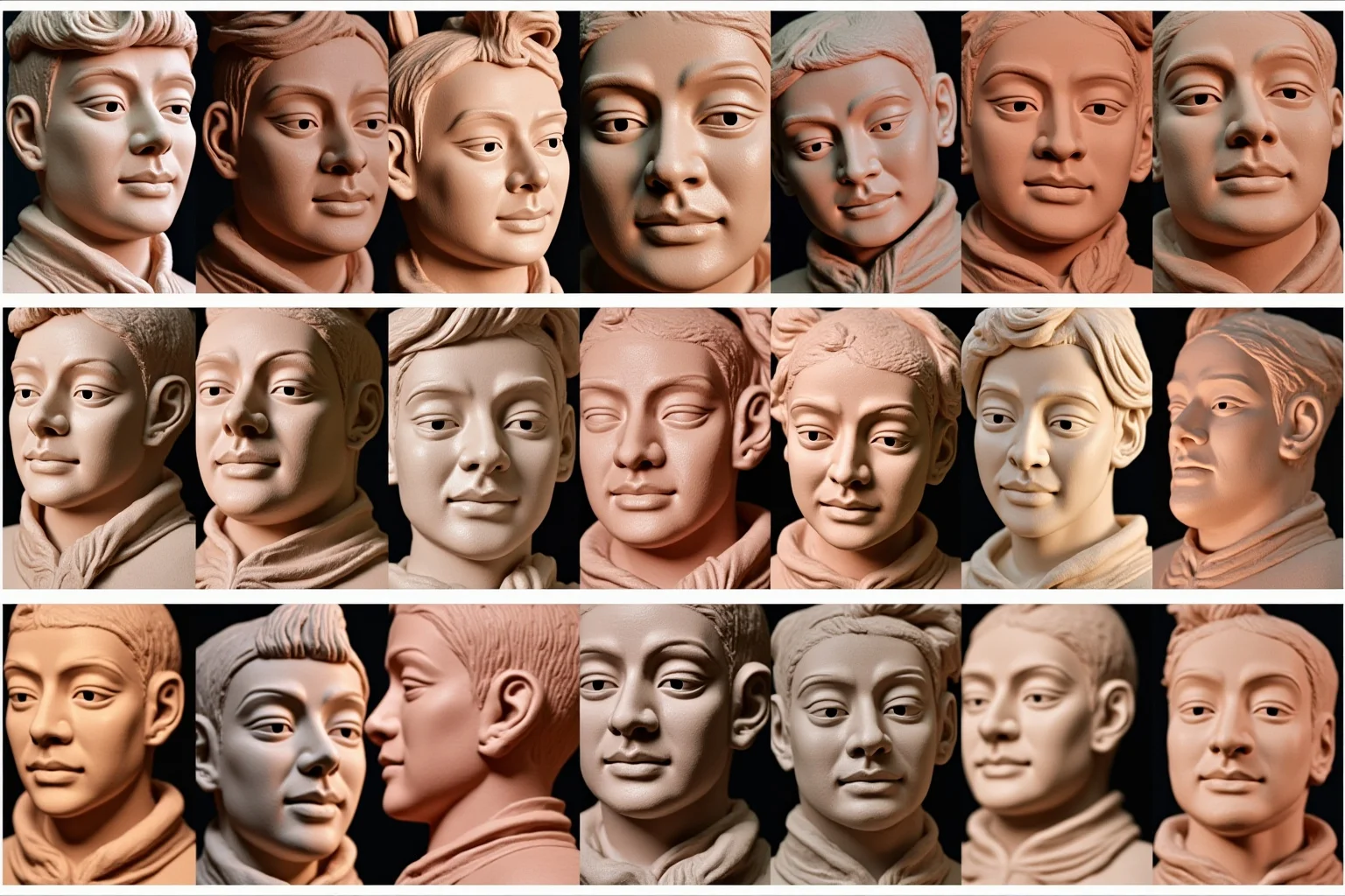 Close-up collage of several terracotta soldier faces each showing distinct expressions and hairstyles