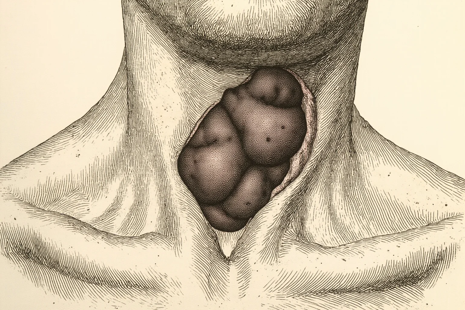 Close-up historical medical illustration of dark swollen buboes on human neck, armpit, and groin areas