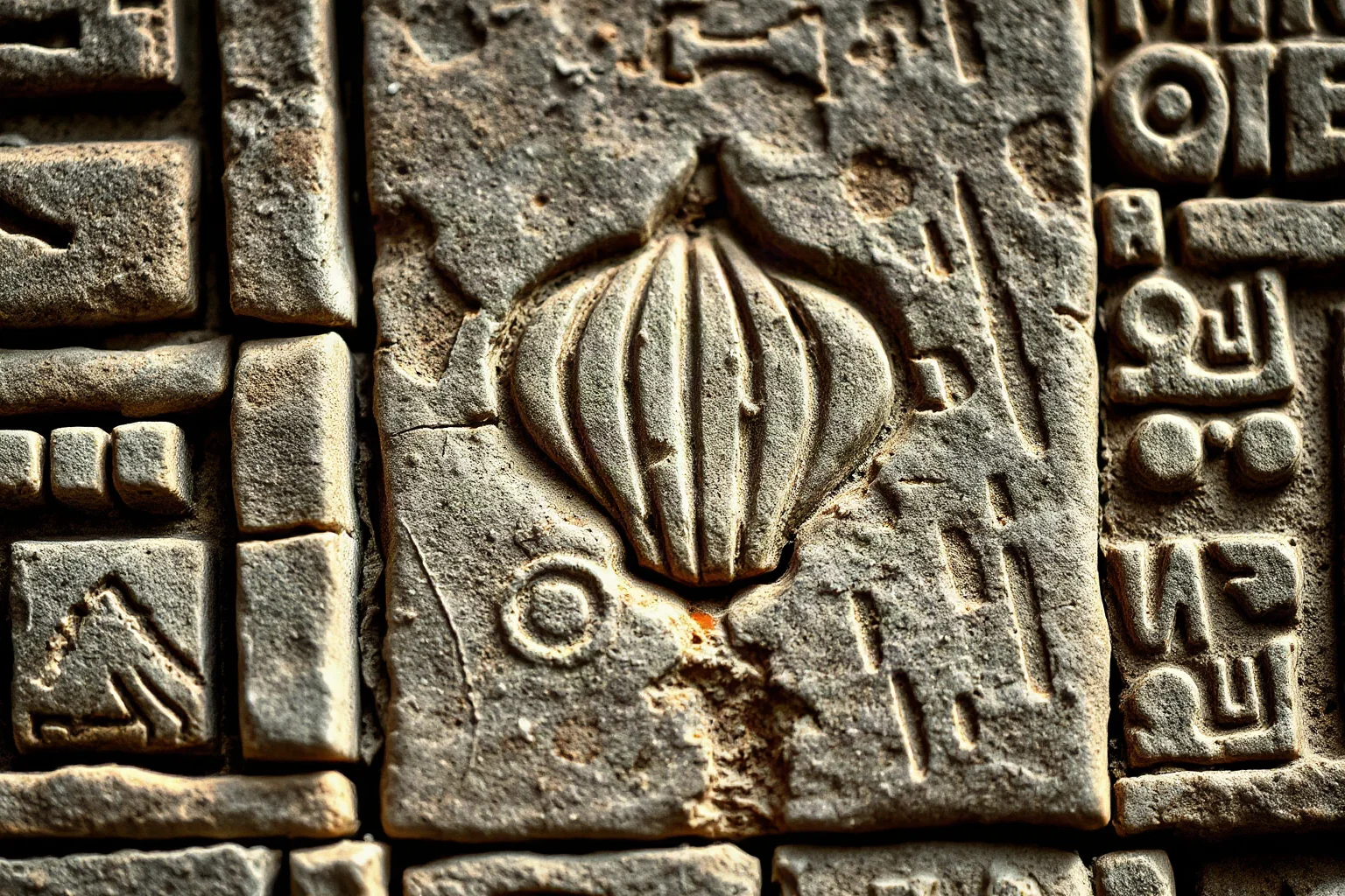 Close-up illustration of a carved shell-shaped zero glyph among Maya bar-and-dot numerals on stone