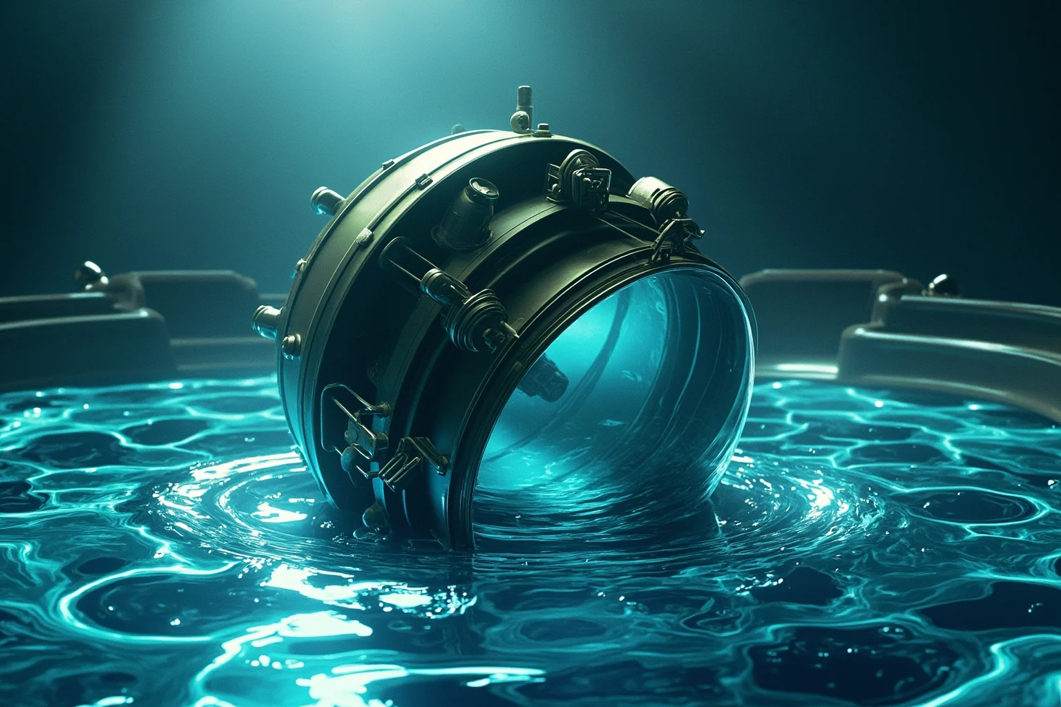 Strange History: Why Lighthouse Keepers Went Mad (Or Did They?) 3 Close-up illustration of a large antique lighthouse Fresnel lens floating on a shallow trough of shimmering liquid mercury