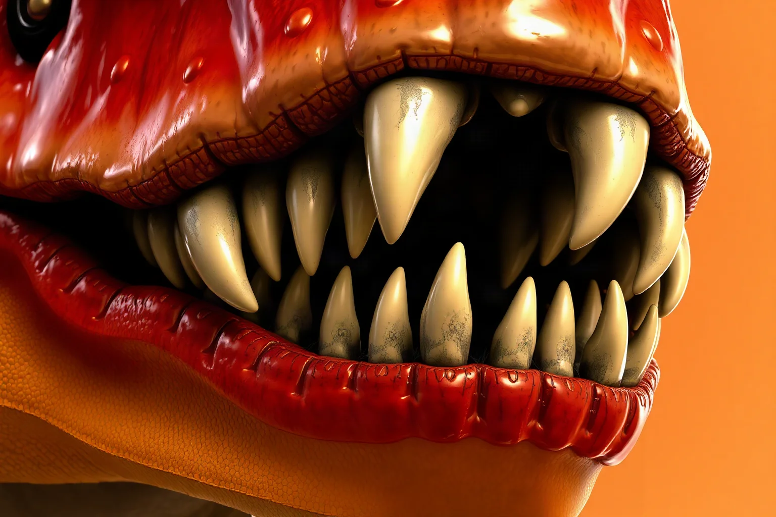 Close-up illustration of a Tyrannosaurus rex mouth closed, showing subtle lip-like tissue covering the teeth