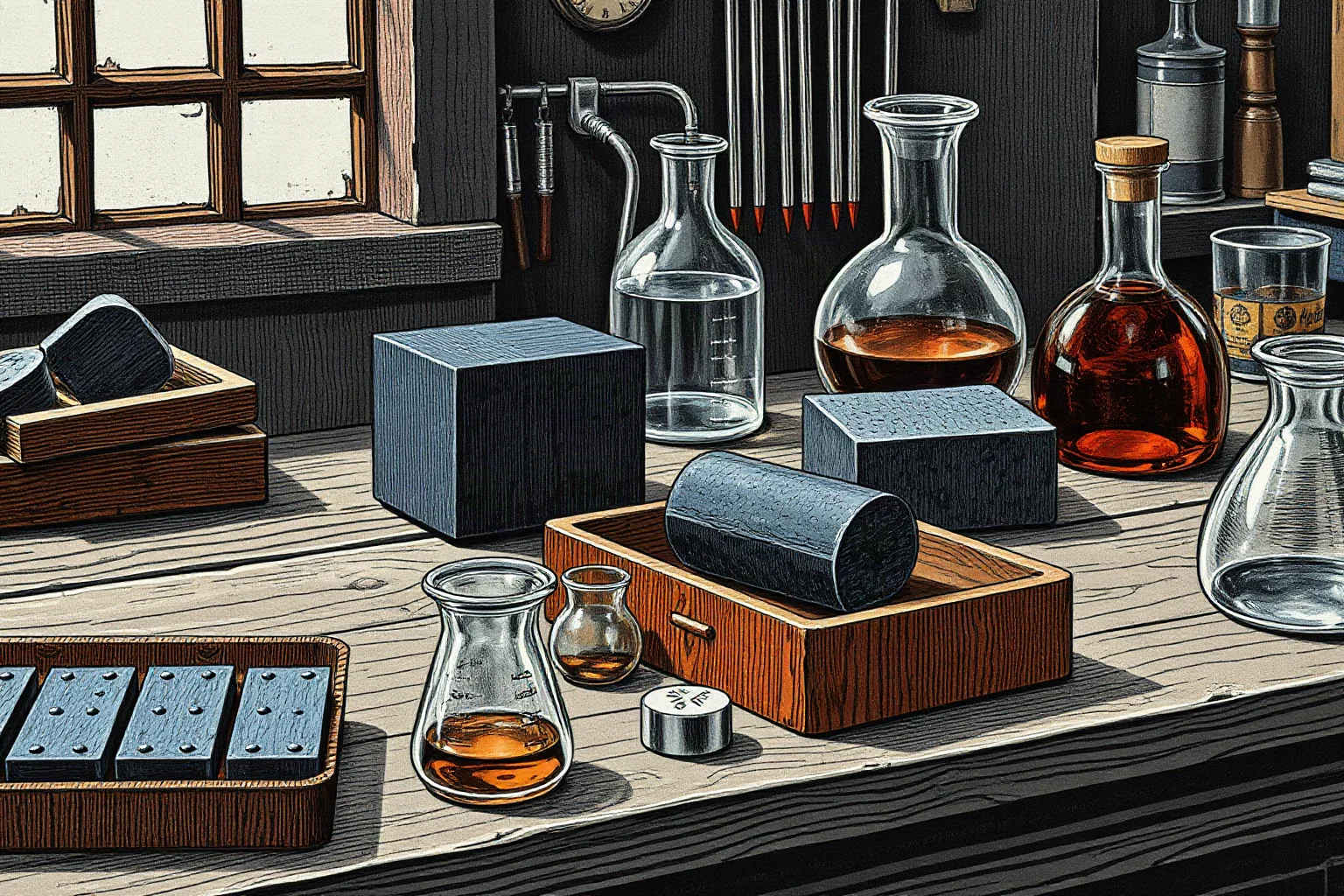 Close-up illustration of an early 1900s chemist's workbench with molds and dark synthetic resin blocks, glass beakers nearby