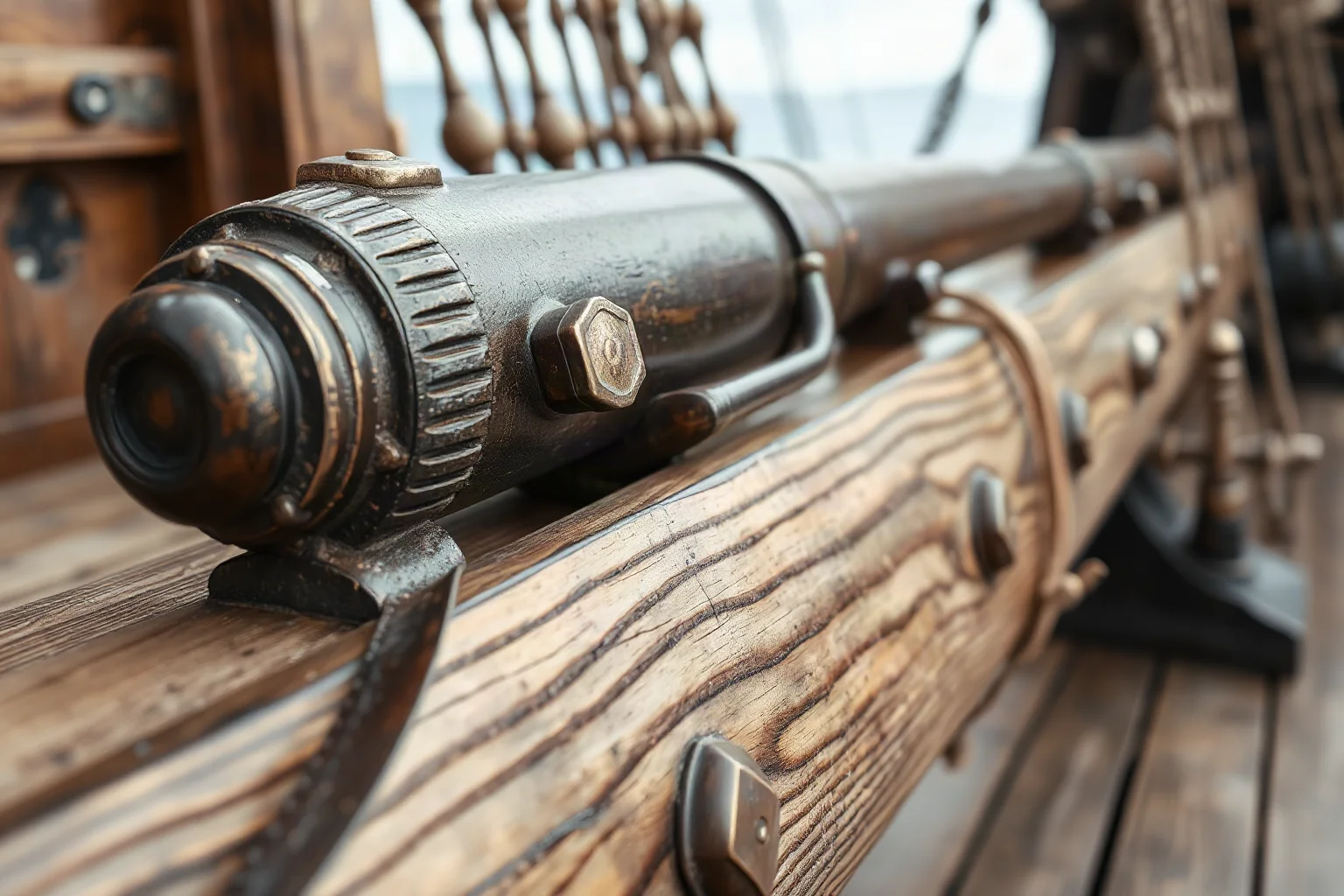 Close-up illustration of an old matchlock arquebus and cannon resting on a wooden ship deck