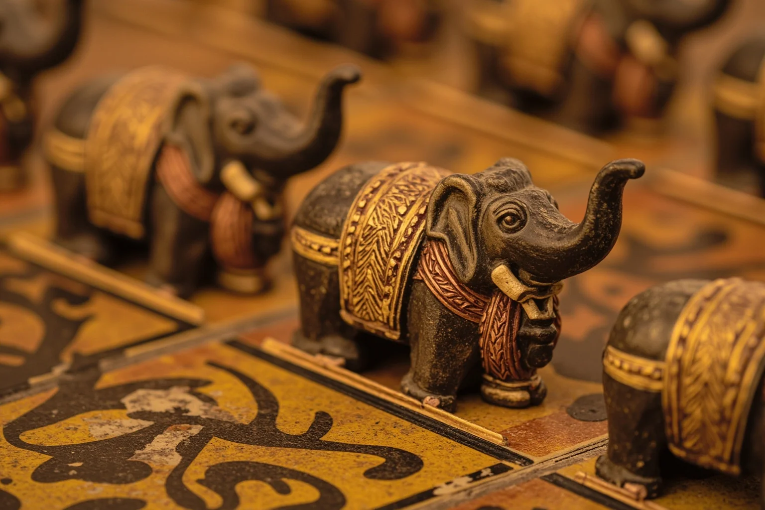Close-up illustration of an ornate ancient carved chess-like game board with elephant and chariot shaped pieces